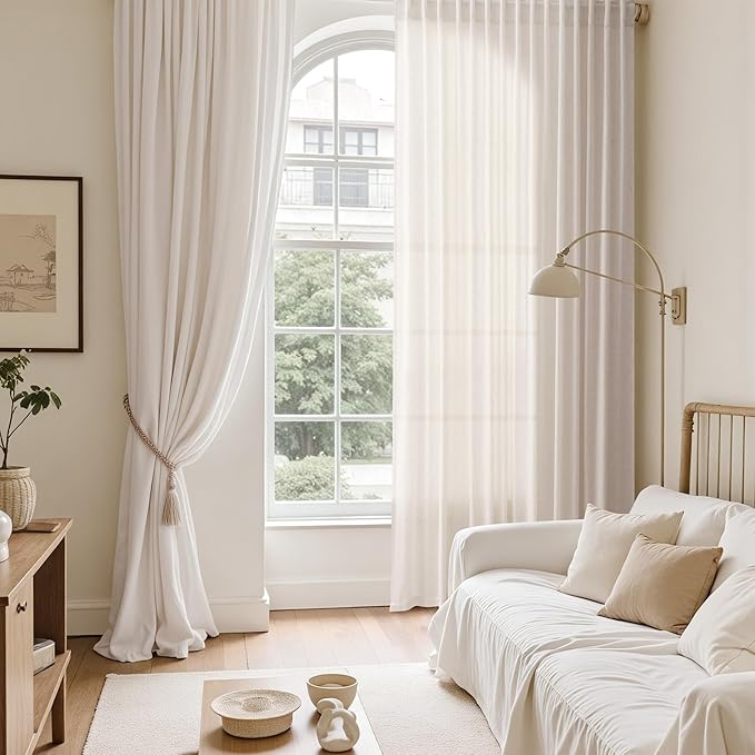 Ivory White Linen Back Tab Curtains 84 Inch Length for Bedroom/Living Room 2 Panel Set Neutral Modern Farmhouse Window Privacy Semi Sheer Linen Drapes Rustic Pinch Curtain Ivory 52X84