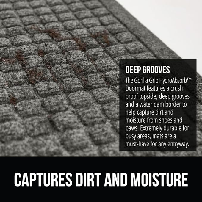 GORILLA GRIP® Ultra Absorbent Front Door Mat Outside Entrance, 47x35, Traps Dirt and Moisture, HydroABSORB Indoor Outdoor Doormat Holds Up to 6 Cups Water, Stain and Fade Resistant Welcome Mat, Grey