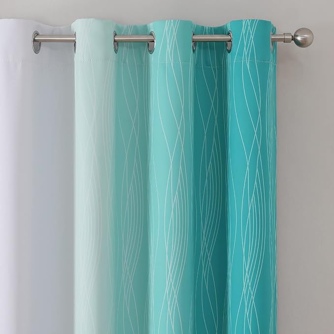 Estelar Textiler Teal and Grayish White Blackout Curtains for Living Room, Ombre Thermal Insulated Noise Reducing Blackout Drapes for Bedroom, Full Room Darkening Grommet Curtains, 52Wx84L, 2 Panels