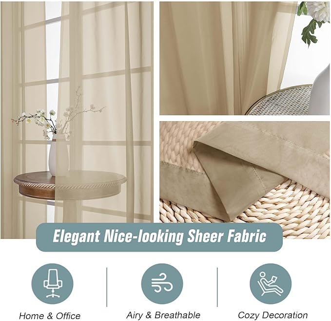 Taupe Sheer Curtains 84 Inches Long 2 Panels, Elegant Airy Transparent Light Filtering Window Curtains, Window Drapes for Living Room Bedroom, Top Dual Rod Pocket Design, 2x42Wx84L Inches