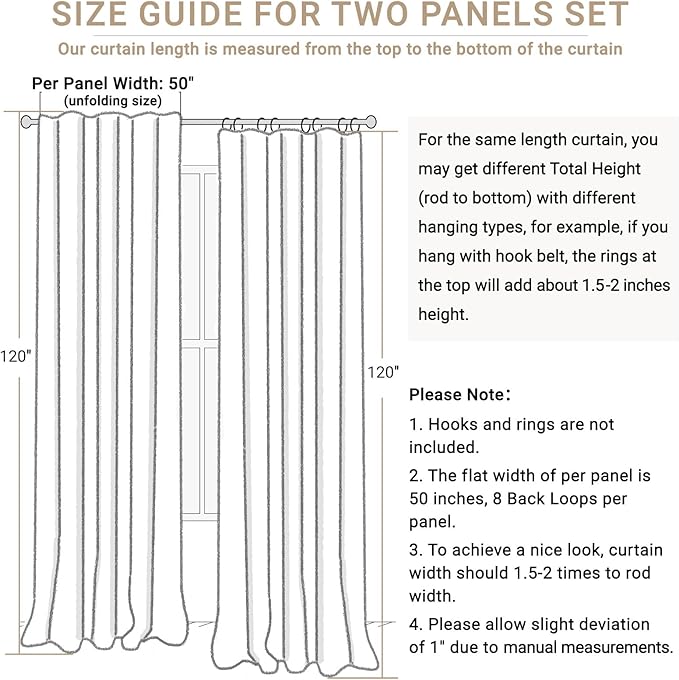 100% Blackout Shield Linen Blackout Curtains for Bedroom 120 Inches Long, Back Tab/Rod Pocket Living Room Drapes, Thermal Insulated Blackout Curtains 2 Panels Set, 50" W x 120" L, Faux Linen