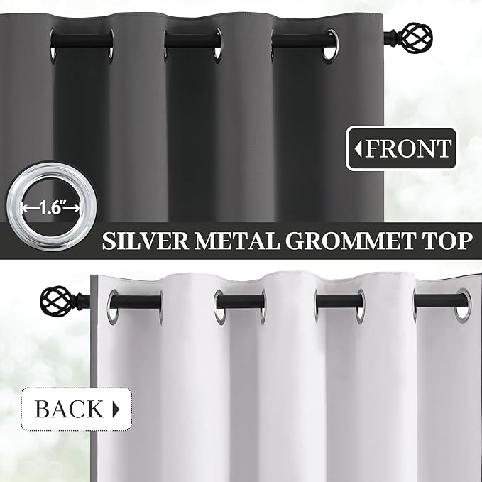 Yakamok Room Darkening 100% Blackout Curtains Grommet Window Treatments with 2 Thick Layers-Charcoal Grey Thermal Insulated Drapes Set of 2 Panels for Bedroom Living Room 52 Inches by 72 Inches Length