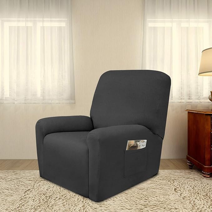 PureFit Super Stretch Chair Sofa Slipcover with Pocket – Spandex Non Slip Soft Couch Sofa Cover, Washable Furniture Protector with Elastic Bottom for Kids, Pets （Recliner, Dark Gray）
