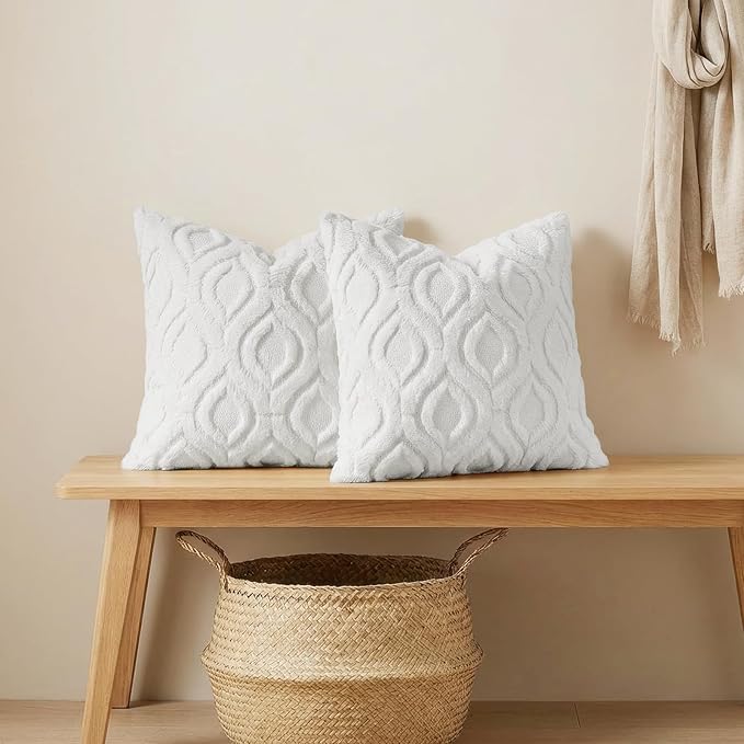 decorUhome Throw Pillow Covers 24x24 Inch Set of 2, Soft Plush Faux Wool White Solid Couch Pillow Covers, Accent Euro Sham Farmhouse Neutral Square Pillow Cases for Sofa Bed Living Room