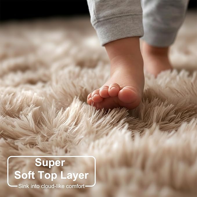 Amdrebio Tie-Dyed Beige Tan Round Area Rug 4Ft for Bedroom, Fluffy Plush Shag Furry Circle Rugs for Kids Room, Living Room Decor Aesthetic, Cute Fuzzy Neutral Carpet for Baby Nursery Playroom Dorm