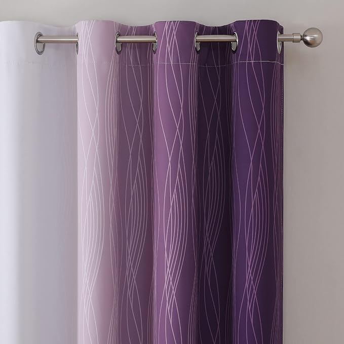 Estelar Textiler Ombre Blackout Curtains 102 Inches Long 2 Panels Set, Purple and Greyish White Thermal Insulated Drapes for Bedroom, Full Room Darkening Grommet Curtains for Living Room, 52Wx102L
