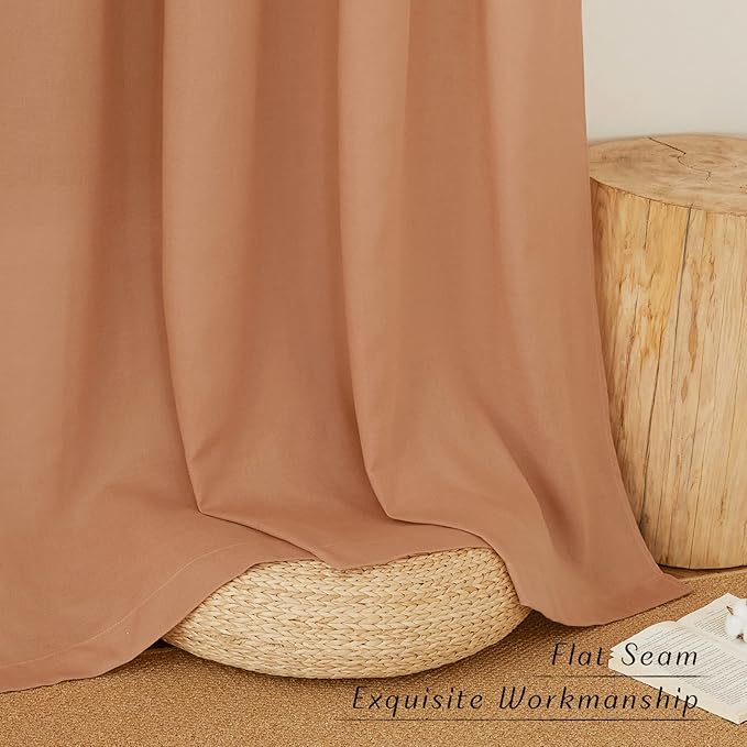 NICETOWN Flax Linen Curtains 108 inches Long for Large Windows, Ring Top Privacy with Light Filtering Linen Blend Drapes for Bedroom/Living Room, Burnt Orange, W55 x L108, Set of 2
