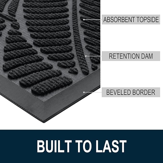 Colorxy Waterproof Doormat, Sturdy Natural Rubber Front Indoor Mat, Non Slip Low Profile Indoor Outdoor Door Mats, Stain and Fade Resistant Floor Mat, Easy Clean Patio Entrance Mat, 30''x17'', Black