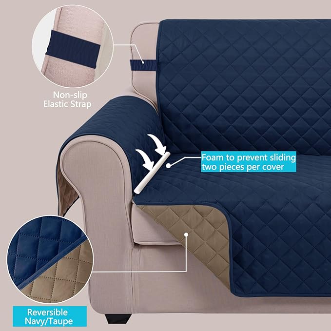 U-NICE HOME 4 Seater Sofa Cover 91 Inch Large Couch Covers for 4 Cushion Couch with Elastic Straps Water Resistant Furniture Protector Cover for Pets Cat (Sofa XX-Large, Navy/Taupe)