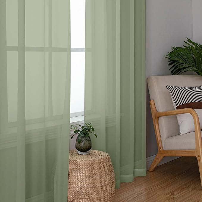 Chyhomenyc Sage Green Sheer Curtains 63 Inch Length 2 Panels, Light Filtering Airy Breathable Rod Pocket Voile Window Drapes for Bedroom Living Room, Each 42x63 Inch，Set of 2