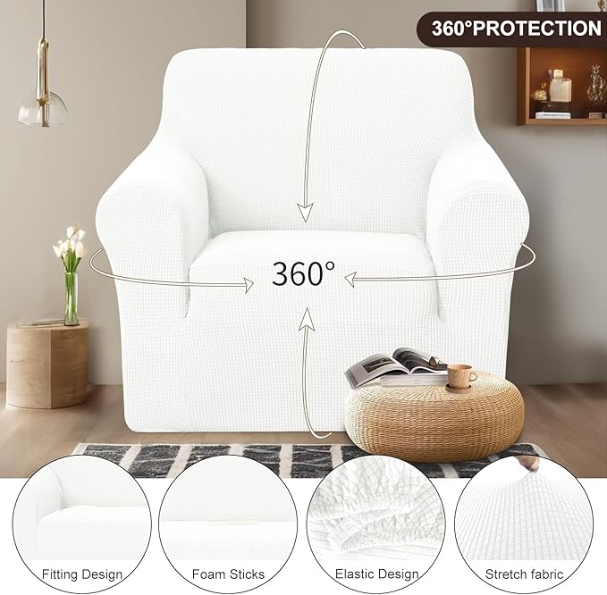 U-NICE HOME Stretch Recliner Chair Cover, Pet Friendly Armchair Slipcover Furniture Protector, Washable Couch Cover, Ivory White