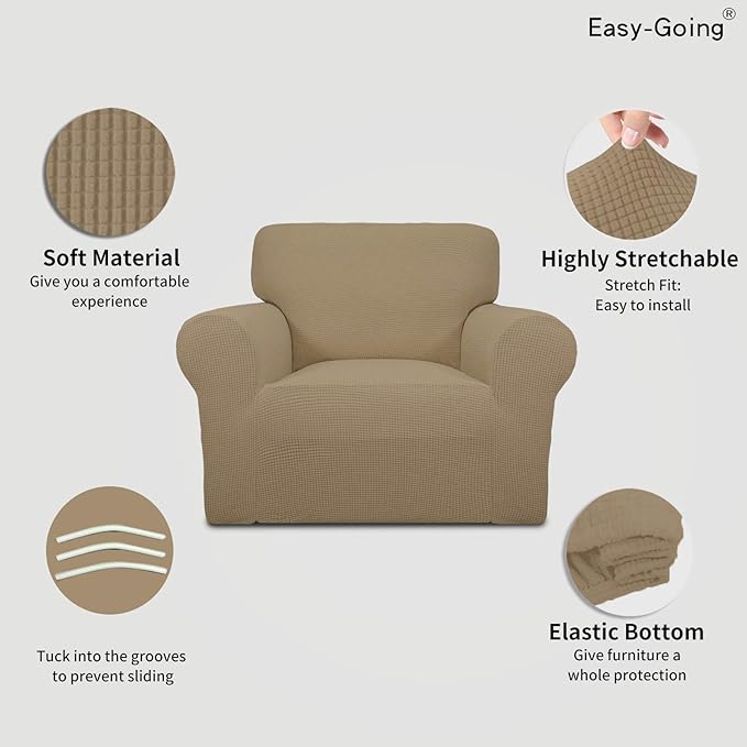 Easy-Going Stretch Chair Sofa Slipcover 1-Piece Couch Sofa Cover Furniture Protector Soft with Elastic Bottom for Kids, Pet. Spandex Jacquard Fabric Small Checks (Chair, Tan)
