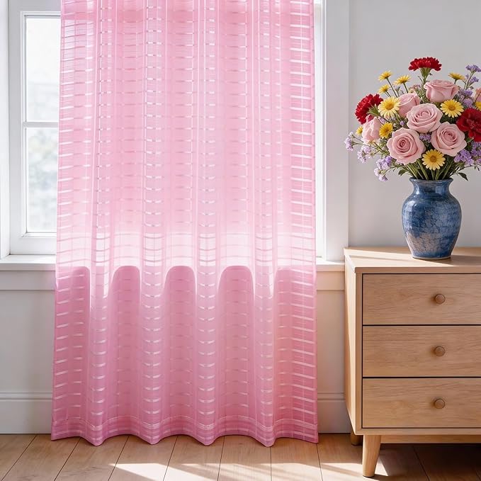 SpaceDresser Check Sheer Curtains 84 Inches 2 Panels Set, Rod Pocket Plaid Window Curtain for Living Room, Pink Semi Sheer Drapes for Kitchen Bedroom Children Room Yard（Pink, 52W x 84L）