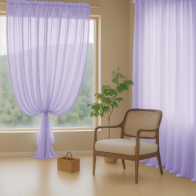 Sheer Curtains for Window 96 Inches Long 2 Panels, Soft Airy Light Filtering Voile Sheer Curtains for Living Room Bedroom, Dual Rod Pocket Elegant Window Drapes, Lavender, 2x42Wx96L Inches