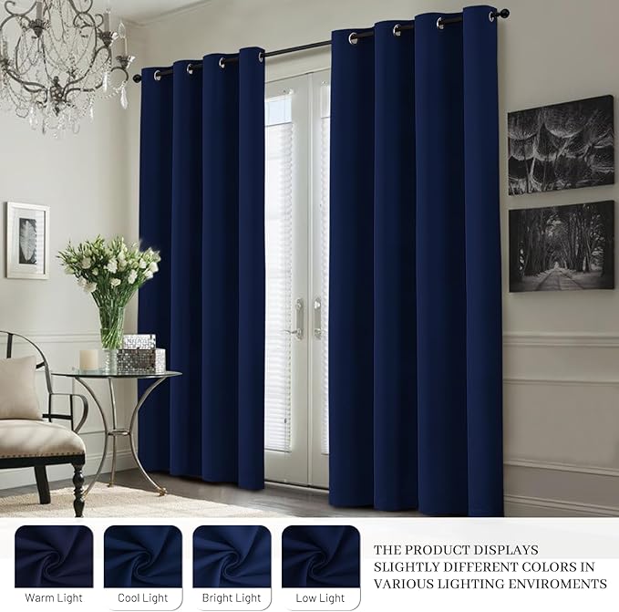 Yakamok 100% Blackout Curtain Panels 63 inches Cold and Light Blocking Drapes for Nursery, 2 Thick Layers Thermal Insulated Draperies (2 Pieces, 50 Wide Each Panel, Navy Blue/White Backing)