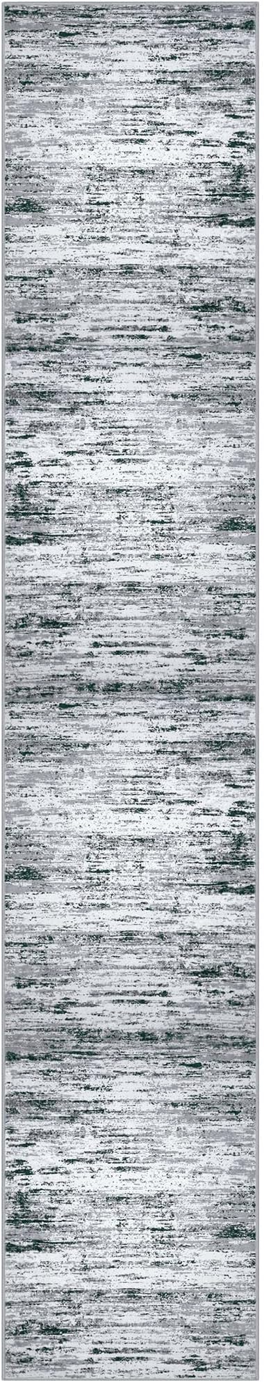 Lansny Modern Abstract Runner Rug 2.6x14, Black Grey White Washable Long Kitchen Runner Non-Slip Soft Hallway Rug Runner Thin Print Faux Wool Carpet for Entryway Bedroom Laundry Room Indoor Home Decor