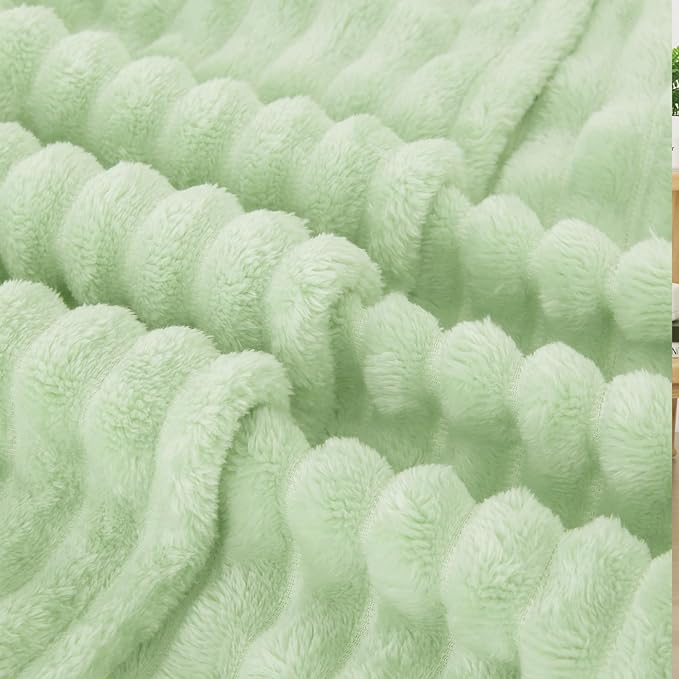 Cream Green Fleece Throw Blanket 60”×80” for Couch Sofa Bed,Super Soft Cozy Plush Microfiber Flannel Blanket with Stripes Design Lightweight for Adults,Woman,Girls