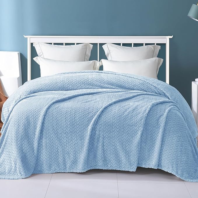 Exclusivo Mezcla Fleece Twin Size Blanket for Bed, 60x80 Inches Soft Cozy Jacquard Flannel Blankets, Lightweight Fuzzy Plush Warm for Women, Light Blue