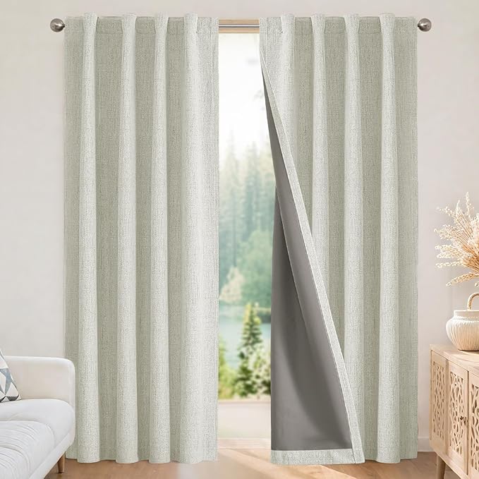 Joydeco Linen Blackout Curtains for Bedroom - 100% Light Blocking 1 Panels, Light Beige Drapes 70" W x 96" L, Thermal Insulated Room Darkening Curtains for Living Room, Rod Pocket & Back Tabs