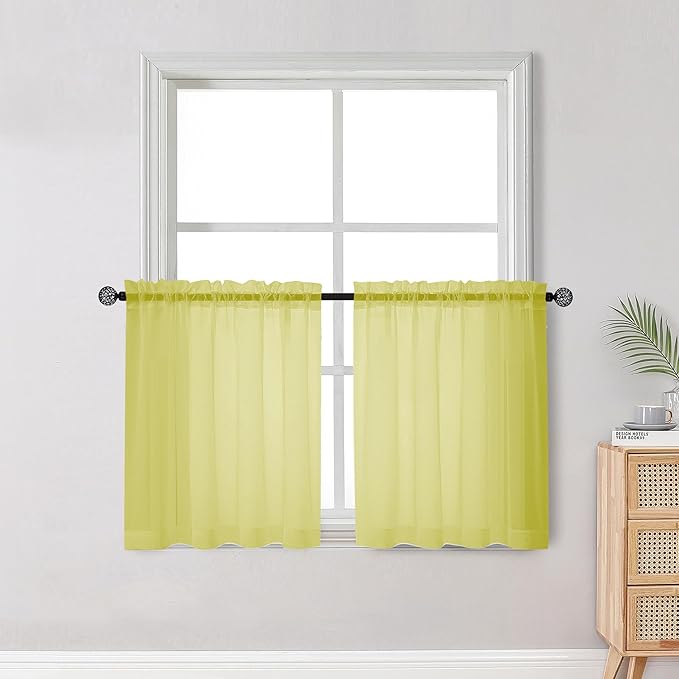 OWENIE Short Lemon Sheer Curtains 30 Inch Length 2 Panels Set, Kitchen Curtains Tiers Light Filtering Rod Pocket Cafe Curtain for Basement Bathroom Small Half Window, 42" W x 30" L, Lemon