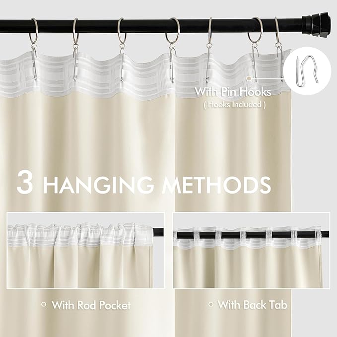 MIULEE Birch Back Tab Blackout Curtains 63 Inch Length 2 Panels Set for Living Room Bedroom Privacy, Rod Pocket/Pinch Pleat Thermal Insulated Room Darkening Pleated Light Blocking Drapes