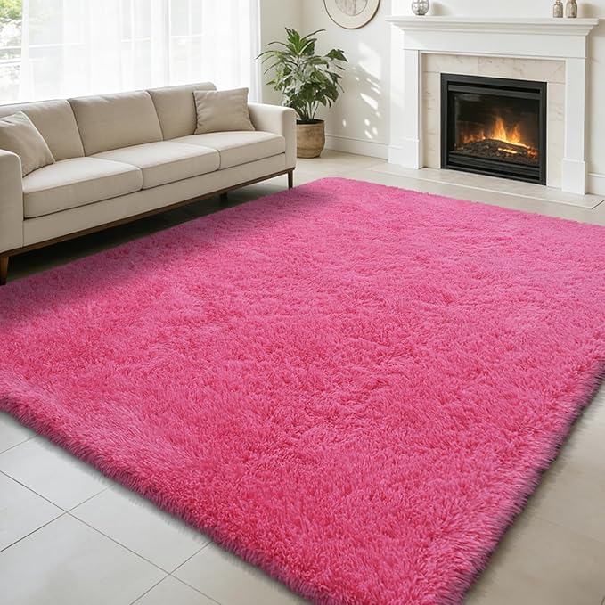 Shag Area Rug for Bedroom 5x8,Fluffy Area Rugs for Living Room,Soft Fuzzy Rug Non-Shedding Indoor Plush Carpet for Kids Bedroom Nursery Dorm Home Decor,Hot Pink