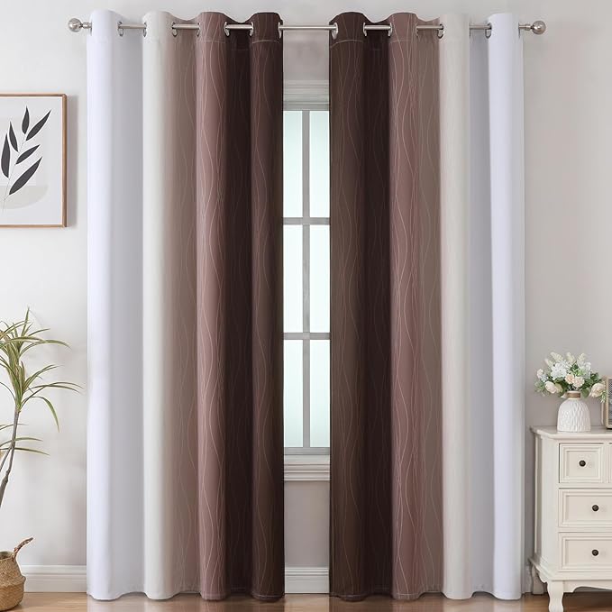 Estelar Textiler Brown and Greyish White Gradient Blackout Curtains 102 Inches Long for Bedroom, Thermal Insulated Full Room Darkening Ombre Grommet Drapes for Living Room, 52Wx102L, 2 Panels