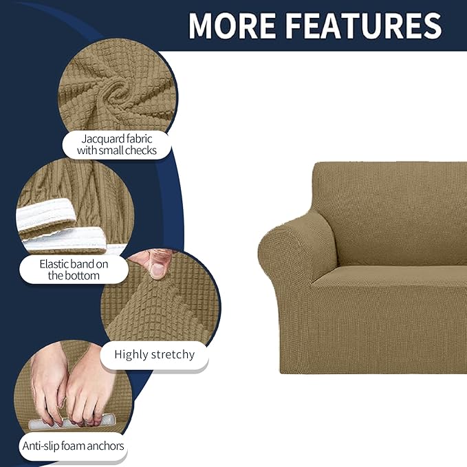 Cupuamon 2026 New Stretch Sofa Slipcovers Couch Cover for 3 Cushion Furniture Protector Sofa Covers with Elastic Bottom Jacquard Fabric Small Checks for Pets, Kids -Sofa, Tan