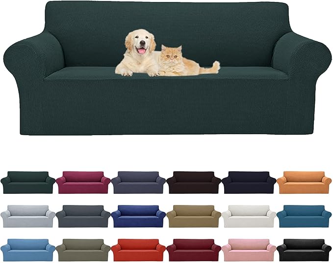 Cupuamon 2026 New Stretch Sofa Slipcovers Couch Cover for 3 Cushion Furniture Protector Sofa Covers with Elastic Bottom Jacquard Fabric Small Checks for Pets, Kids -Sofa, Hunter