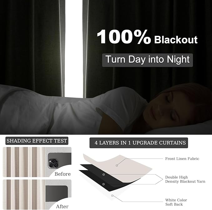 Topfinel Linen Beige Blackout Curtains 84 Inch Long 2 Panels,Linen Blend Aesthetic Heat and Cold Blocking Thermal Drop Cloth Traverse Curtains for Living Room Bedroom,Oatmeal