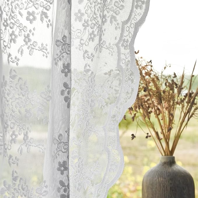 YJ YANJUN Vintage Lace Curtains 54 Inches Length- Victorian Floral Pattern White Sheer Curtain Panels for Living Room Bedroom Bathroom Light Filtering, Country Cottage Core Drapes 2 Panels 52W x 54L