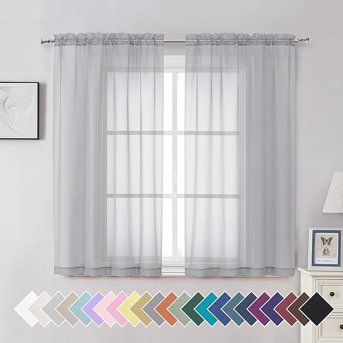 Aiyufeng Light Grey Sheer Curtains 54 Inches Long 2 Panels, Solid Voile Top Dual Rod Pockets Stylish Breathable Drapes Window Treatment for Kid's Room/Bedroom/Living Room, 42W x 54L, Light Grey