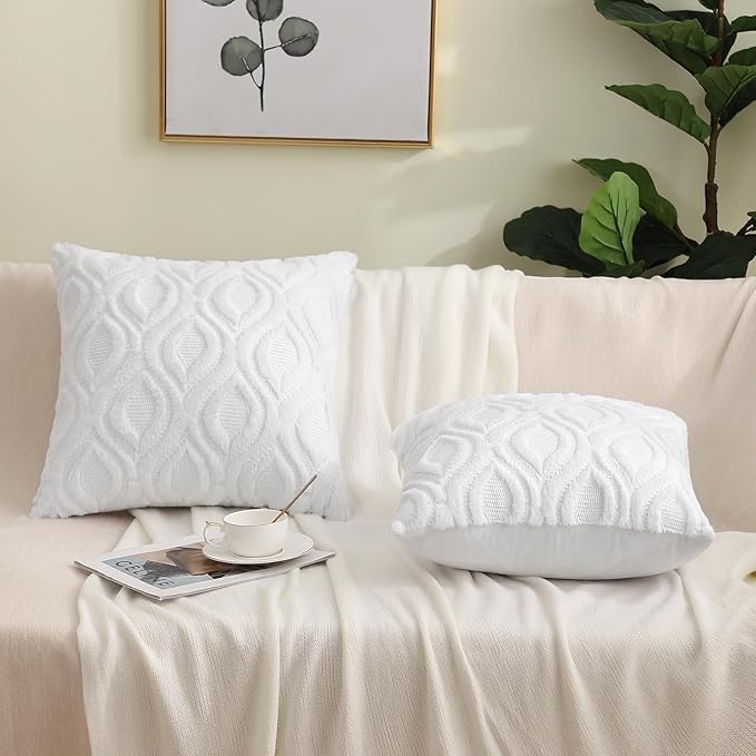 decorUhome Throw Pillow Covers 16x16 Inch Set of 2, Soft Plush Faux Wool White Solid Couch Pillow Covers, Accent Farmhouse Neutral Square Pillow Cases for Sofa Bed Living Room