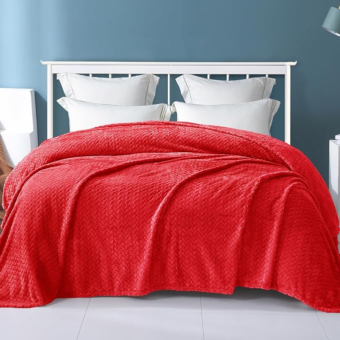 Exclusivo Mezcla Fleece King Size Blanket for Bed, 90x104 Inches Soft Cozy Jacquard Flannel Blankets, Lightweight Fuzzy Plush Warm for Women, Red