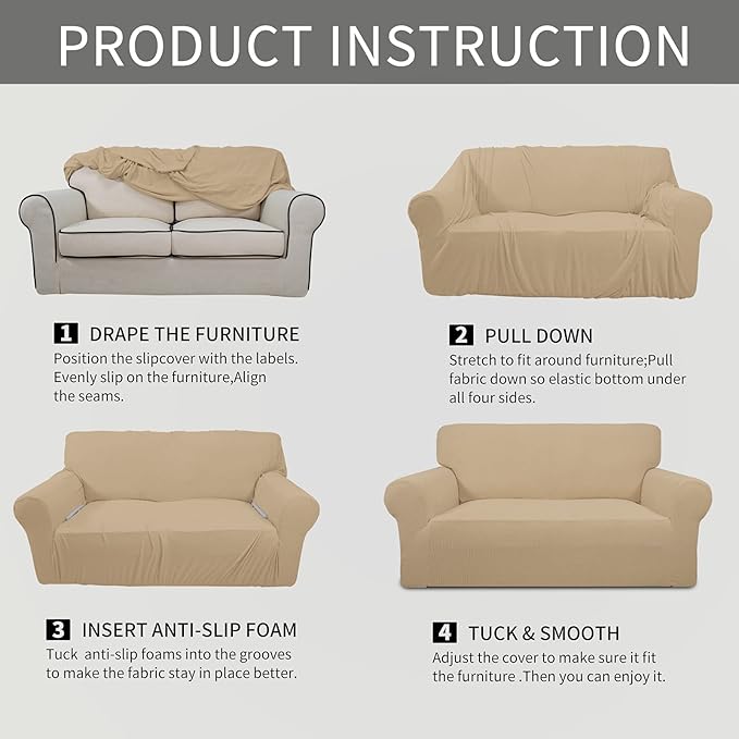 Easy-Going Stretch Loveseat Slipcover 1-Piece Sofa Cover Furniture Protector Couch Soft with Elastic Bottom for Kids Polyester Spandex Jacquard Fabric Small Checks (Loveseat, Sand)