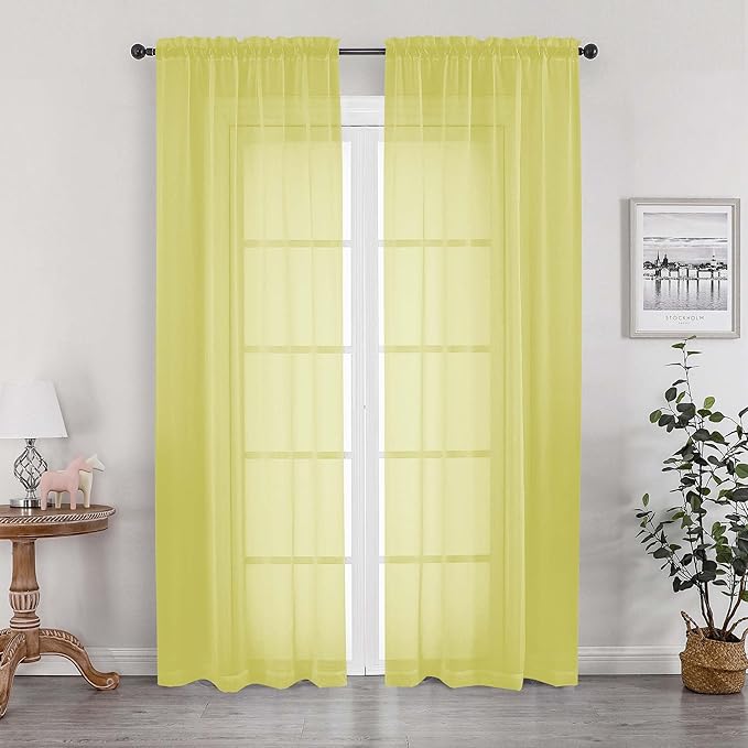OWENIE Sheer Lemon Curtains for Bedroom Living Room 78 Inches Long 2 Panels Set, Soft Solid Light Filtering Sheer Curtain Rod Pocket Clear Drapes for Window Sliding Door, Lemon, Each 42 x 78 Inch