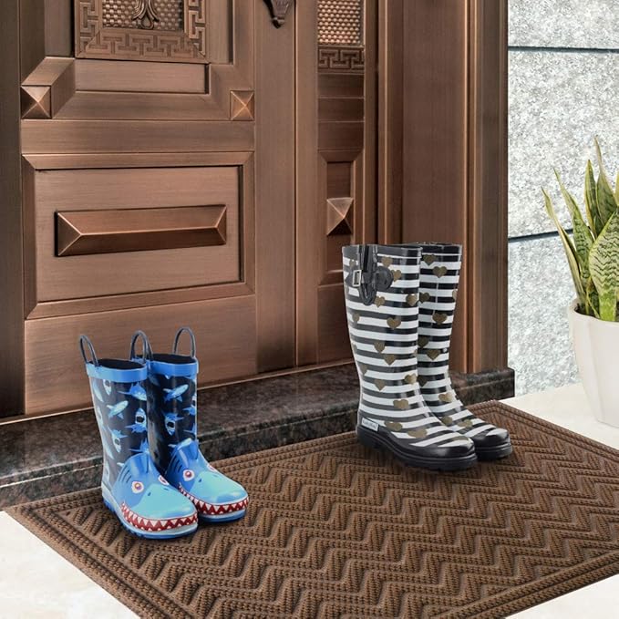 Mibao Front Door Mat, Dirt Trapper Welcome Mat for Outdoor Indoor, Non-Slip Waterproof Doormat, Durable Machine Washable Low Profile Entry Rug for Back Door Outside Patio, 35.5" x 24", Coffee Wave