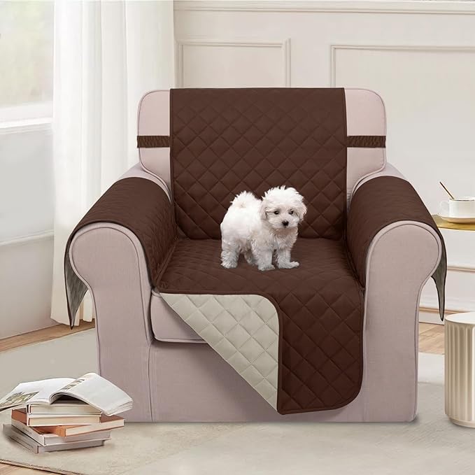 U-NICE HOME Reversible Oversized Chair Covers Quilted Water Repellent Pet Protectors with Elastic Straps(28''Armchair, Brown/Beige)