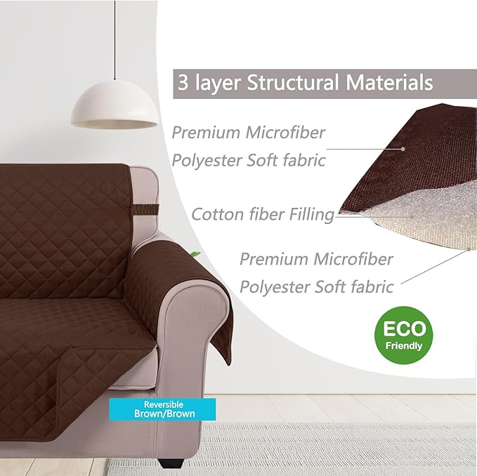 U-NICE HOME Recliner Chair Covers Reversible Quilted Water Repellent Pet Protectors with Elastic Straps (23''Recliner Small, Brown/Brown)