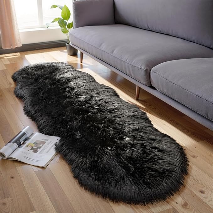 Ciicool Ultra Soft Faux Sheepskin Fur Rug Fluffy Rug for Bedroom Fuzzy Carpet for Living Room Kid's Room Nursery Decor, Black 2 x 6 Feet