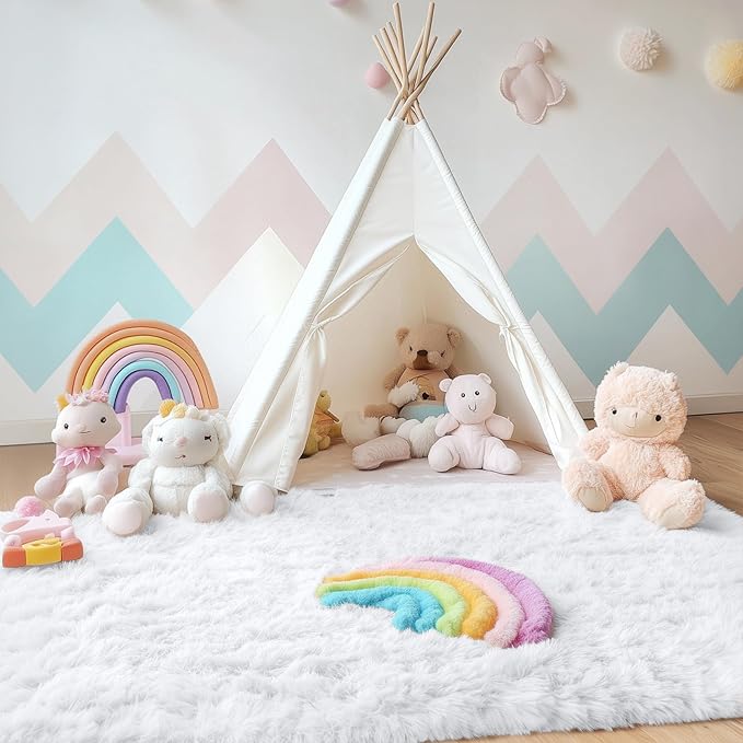 OLANLY 3x5 Machine Washable Small Bedside Rug, Soft Fluffy Shaggy Rugs for Living Room, Bedroom, Indoor Floor Carpet for Kids Girls and Boys, Preppy Dorms, Nursery, Home Decor Aesthetic, White