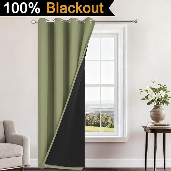 Yakamok 100% Blackout Curtains 84 Inches Long, 2 Thick Layers Heat and Full Light Blocking Soft Thermal Insulated Drapes for Bedroom(52" Wide Each Panel, Sage, 1 Panel)