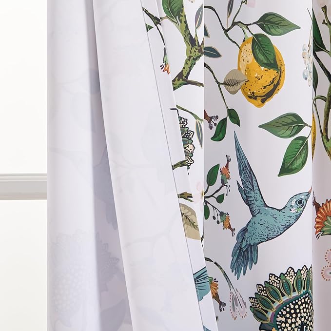 Topfinel 54 Inches Long Short White Blackout Curtains for Cafe Kitchen, Grommet Room Darkening Luxury Floral Lemon Hummingbird Patterned Waverly Colorful Drapes for Living Room Bedroom