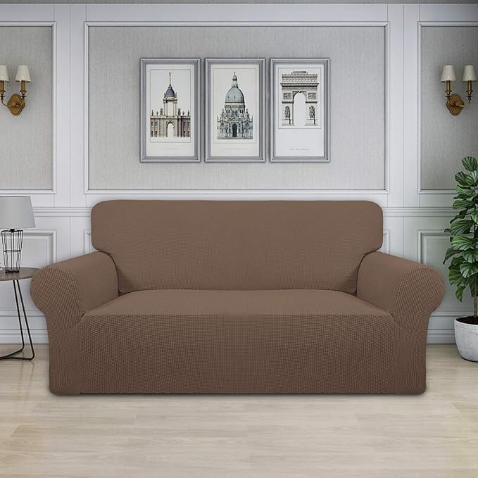 Easy-Going Stretch Oversized Loveseat Slipcover 1-Piece Sofa Cover Furniture Protector Couch Soft with Elastic Bottom for Kids Polyester Spandex Jacquard Fabric Small Checks Brown