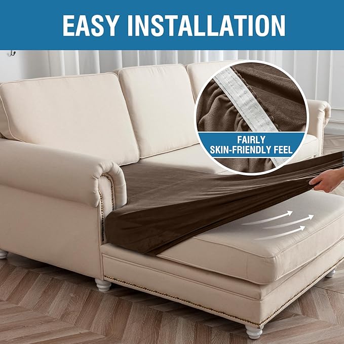 Couch Cover 8-Piece Elastic Velvet Couch Cushion Covers & Chaise Slipcovers for L-Shaped Sofas - Sofa Seat Covers Washable, Soft Protector for Couches (7 Seater + Chaise, Coffee)