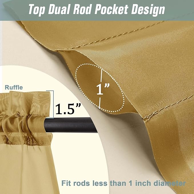 Gold Sheer Curtains for Window 72 inches Long 2 Panels Set, Soft Airy Modern Light Filtering Sheer Curtains for Living Room Bedroom, Dual Rod Pocket Solid Window Drapes, 2x42Wx72L inches