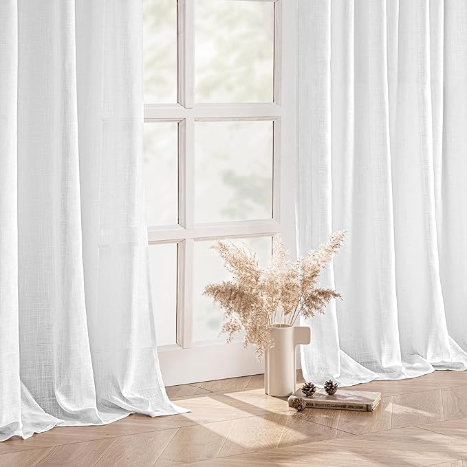 MIULEE White Linen Curtains 64 Inch Length 2 Panels for Kitchen Bedroom, Soft Thick Linen Textured Window Drapes Semi Sheer Light Filtering Back Tab Rod Pocket Burlap Look Decor