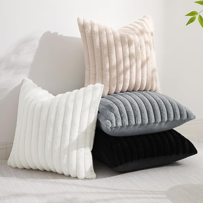 decorUhome Cozy Faux Fur Throw Pillow Covers 12x20 Set of 2 Decorative Soft Plush Striped Lumbar Modern Farmhouse Boho Couch Pillow Cases with Velvet Back for Sofa Bed Living Room, Black