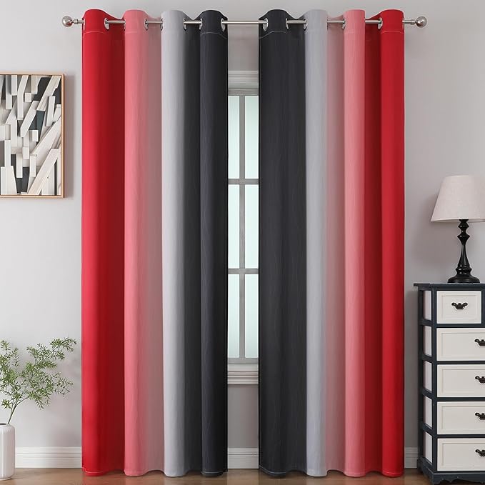 Ombre Red and Black Curtains 96 Inches Long, Total Blackout Curtains for Bedroom, Thermal Insulated Gradient Grommet Drapes, Full Light Blocking Curtains for Living Room, 52x96 Inch, 2 Panels