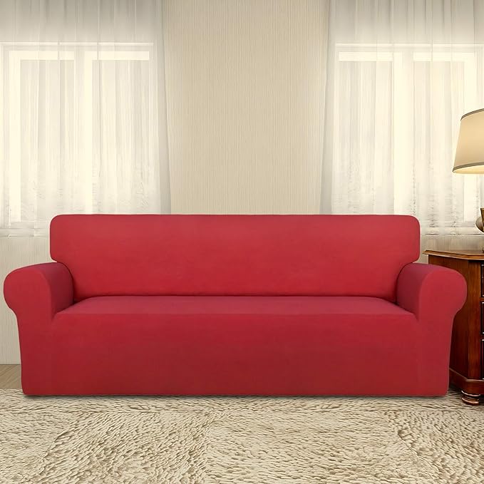 PureFit Super Stretch Sofa Slipcover – Spandex Non Slip Soft Couch Sofa Cover, Washable Furniture Protector with Non Skid Foam and Elastic Bottom for Kids, Pets （Sofa, Red）